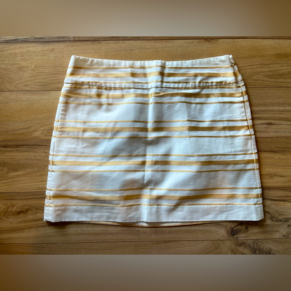 J.Crew white + metallic gold stripe short skirt